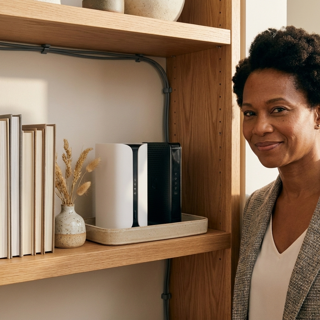 A Wi-Fi router and modem neatly placed on a bookshelf on a neutral tray beside books and a small ceramic vase, with cords clipped discreetly along the back