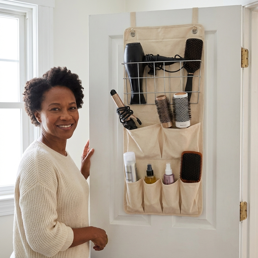 A bathroom door with an over-the-door hair tool organizer holding a hair dryer, curling iron, brushes, and styling products neatly