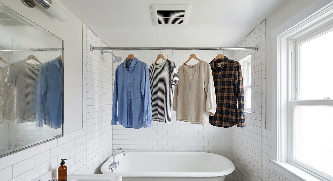 A bathroom shower rod with several shirts on hangers spaced apart above a bathtub, with the bathroom exhaust fan vent visible on the ceiling