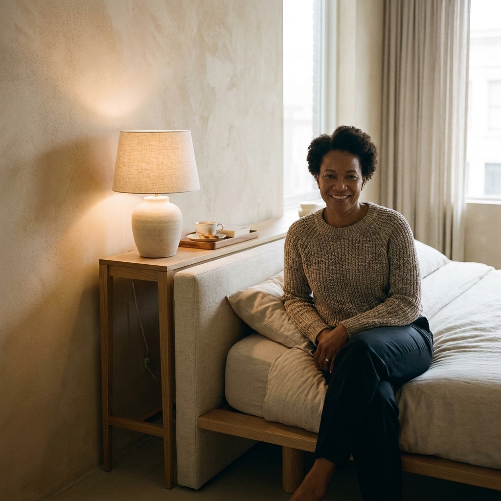 A bed floating slightly away from the wall with a slim console table behind the headboard holding a lamp and a small tray