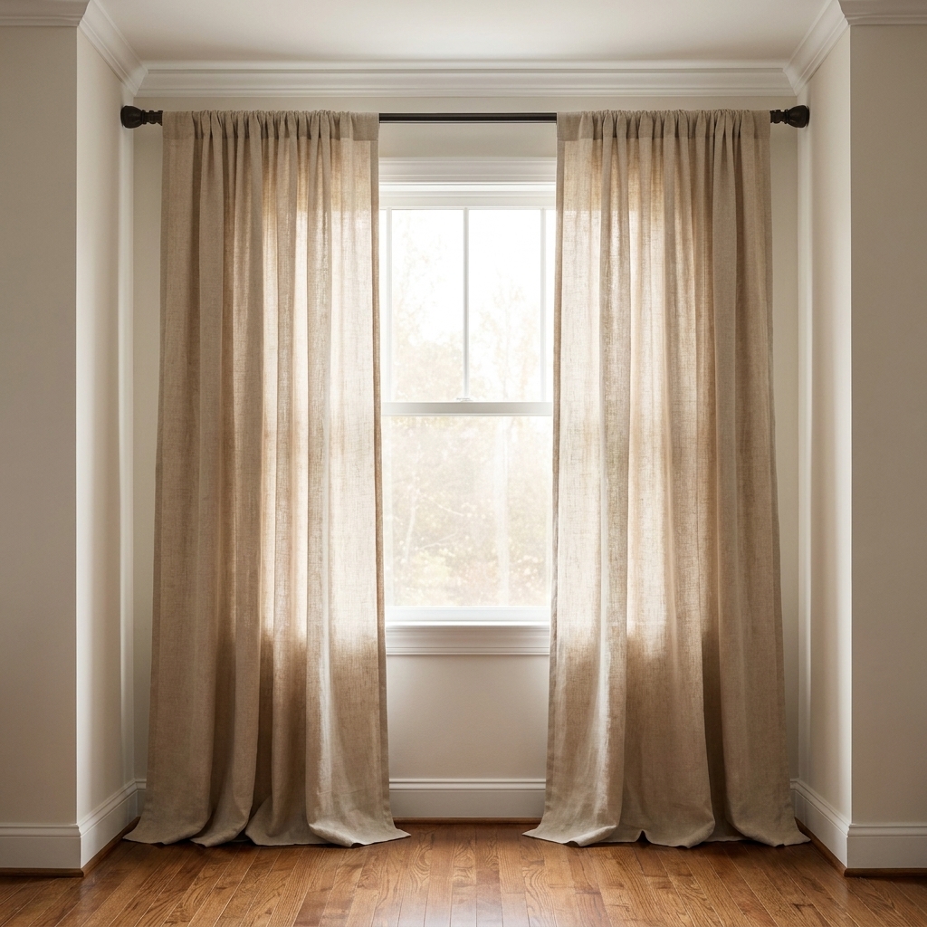 A bedroom window with a twist-and-fit rod installed close to the ceiling between two side walls, with long beige curtains pooling slightly on a hardwood floor