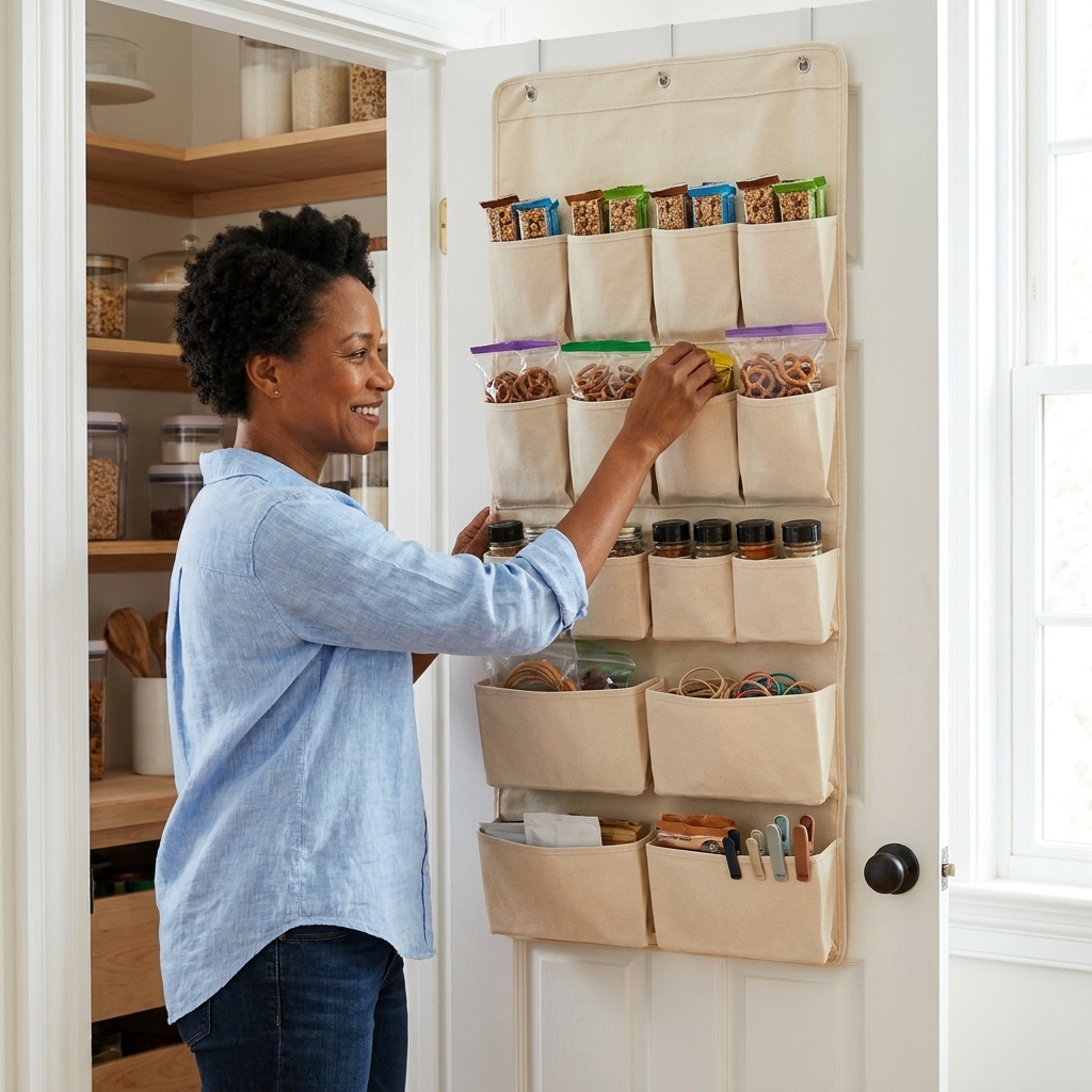 A beige canvas over-the-door organizer with structured pockets on a pantry door, holding snacks and small kitchen items neatly
