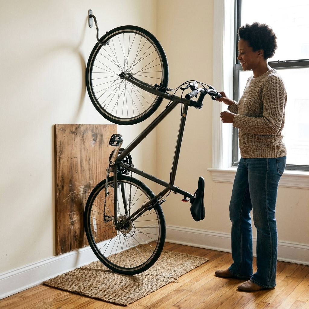A bicycle hanging vertically from a wall hook in a small apartment corner, with a protective wall panel behind the tire and a small mat under the lower wheel