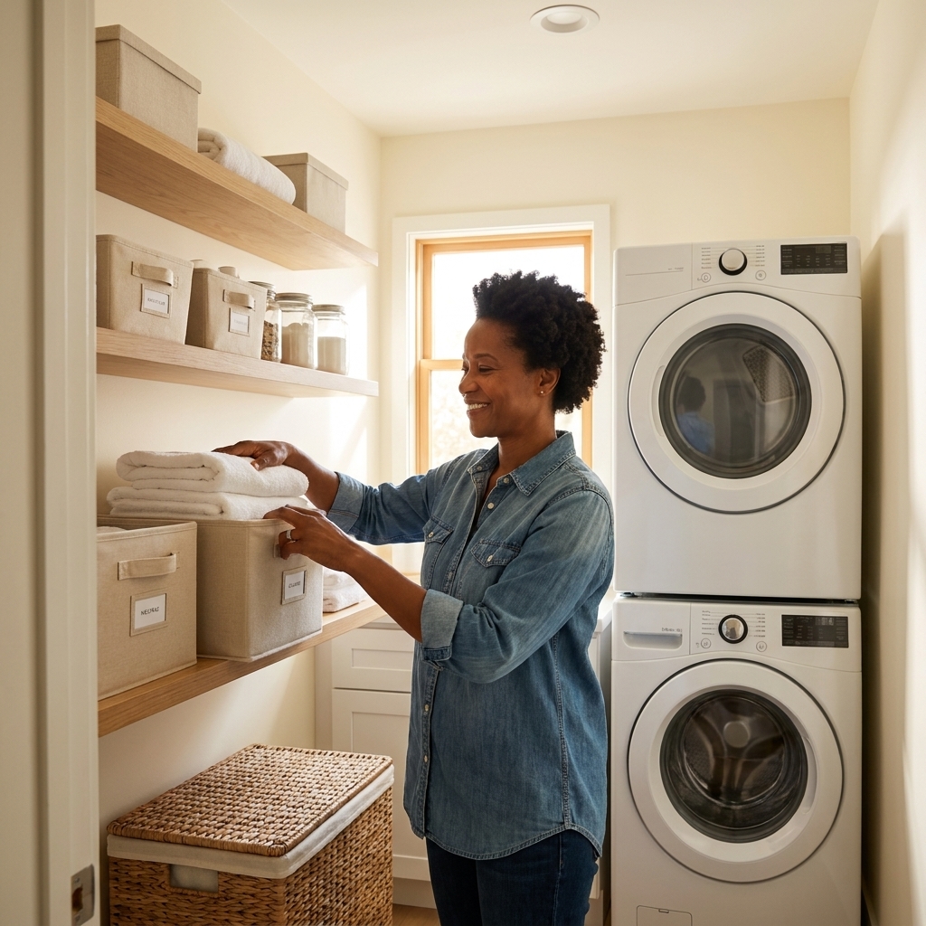 A bright organized laundry closet with neutral storage bins, a small lidded hamper, and a clean stacked washer and dryer.