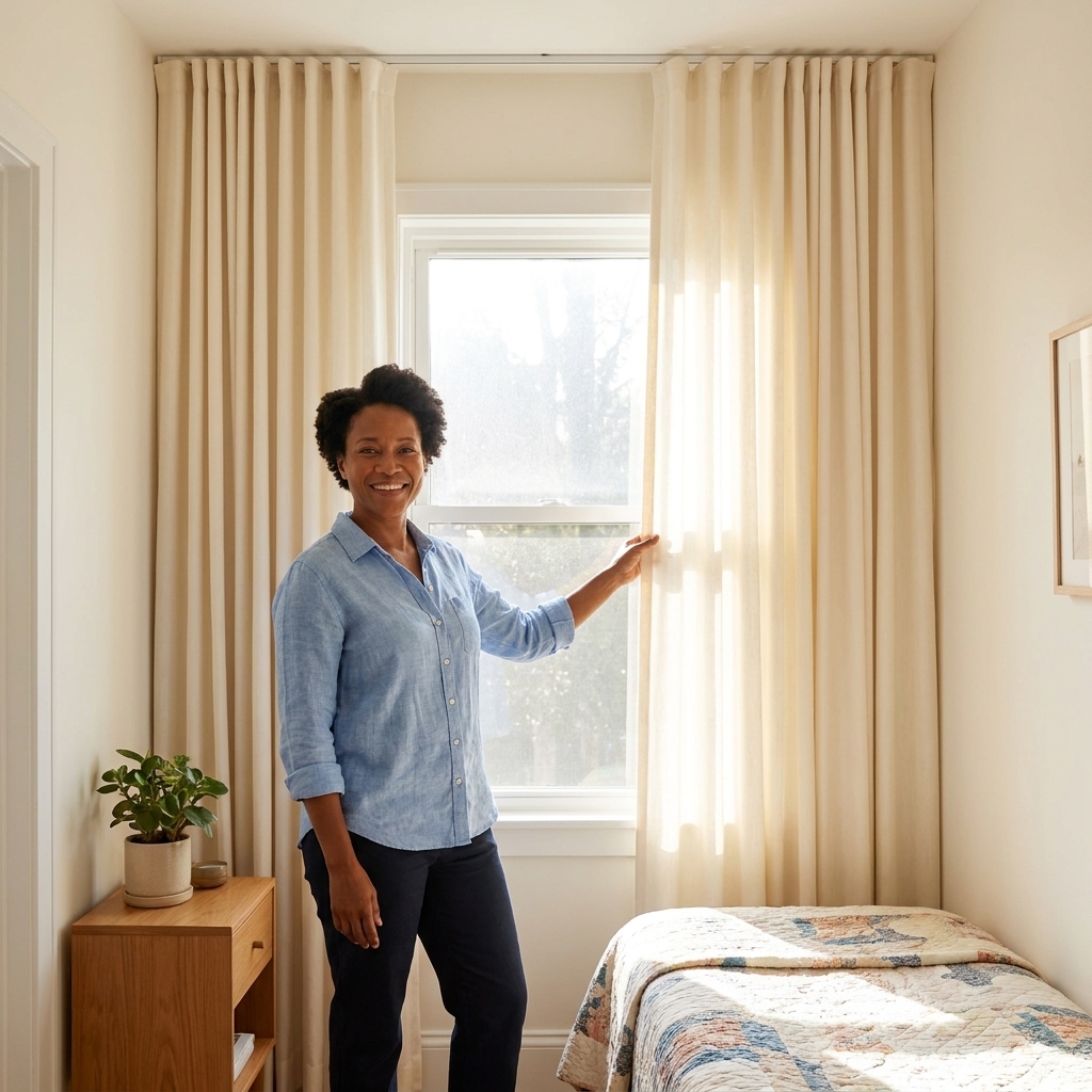 A bright small bedroom with curtains mounted close to the ceiling and extended beyond the window frame, creating the illusion of taller walls and a larger window