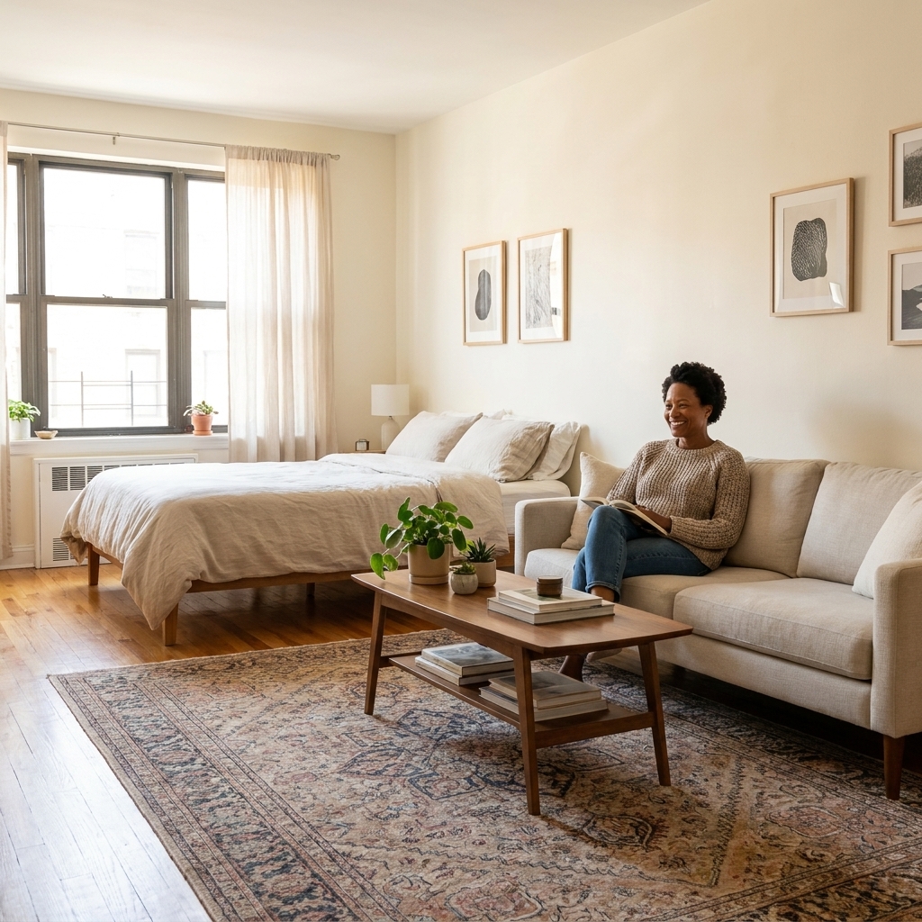 Studio Apartment Zoning With Rugs, Screens, and Plants