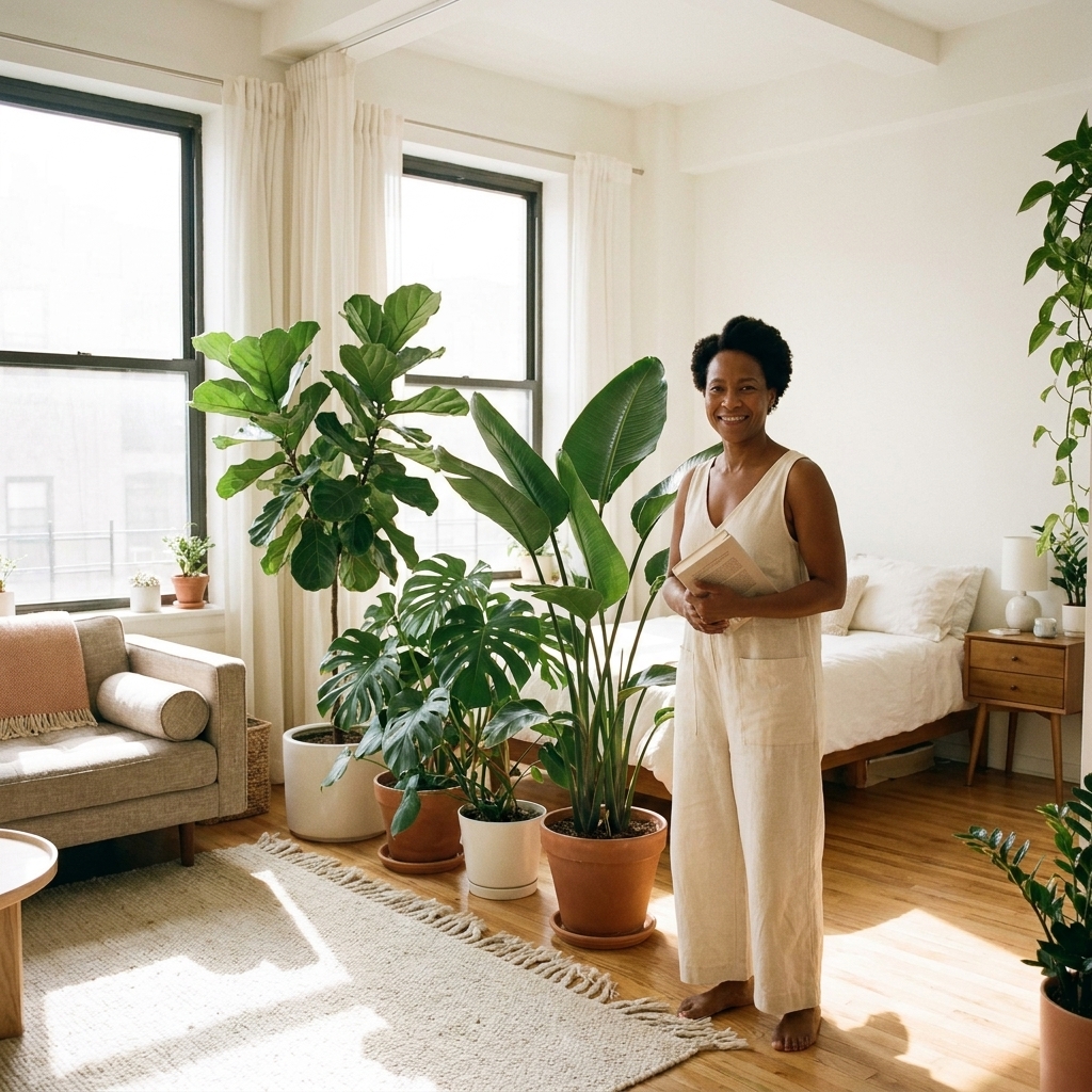 A bright studio with several tall houseplants arranged in a line to separate a sleeping area from a living area while keeping the space open and airy