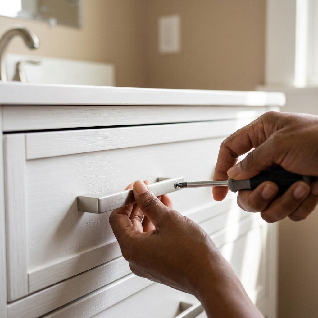 A close-up of hands installing a modern brushed nickel drawer pull on a rental bathroom vanity