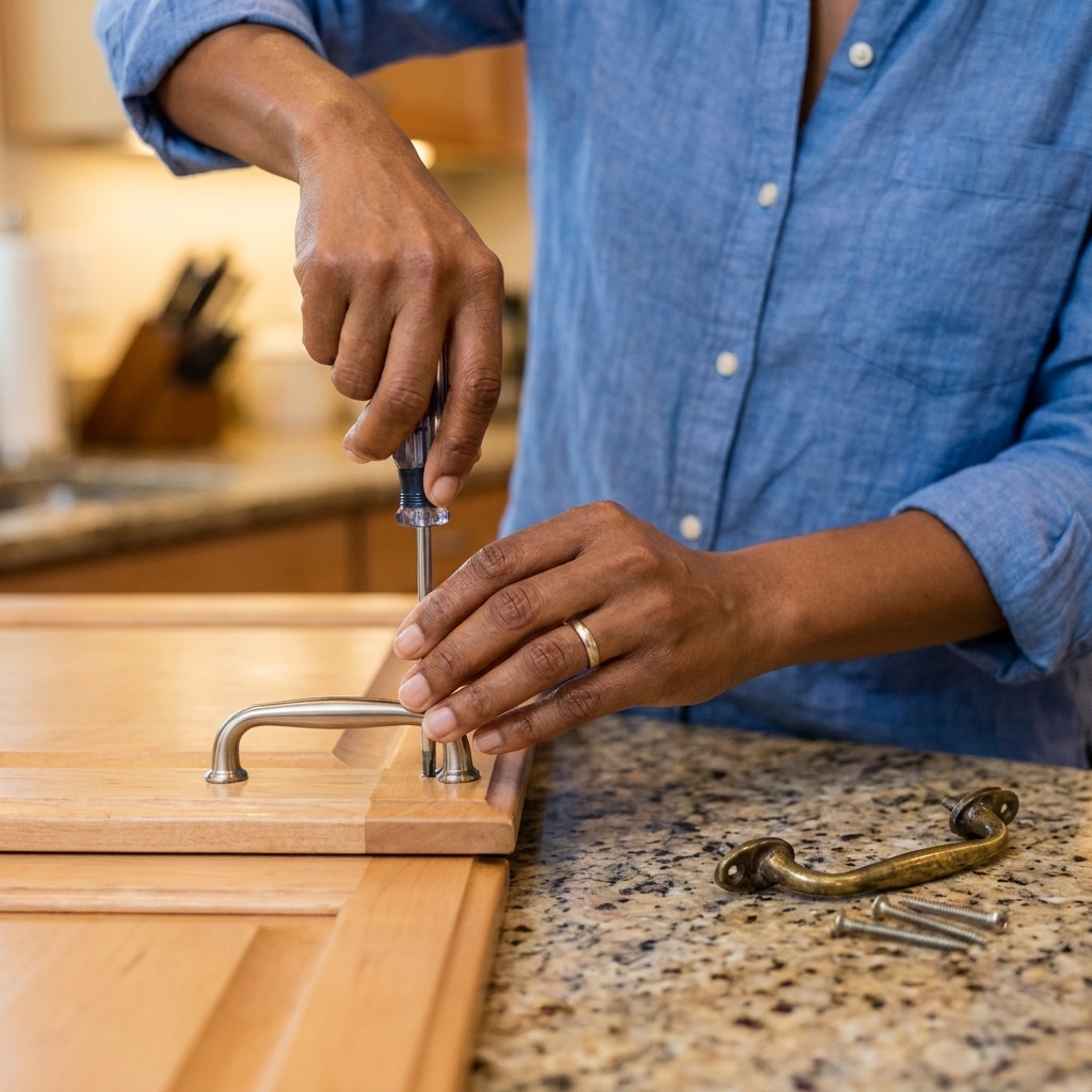 A close-up of hands using a screwdriver to replace a kitchen cabinet pull, with the old hardware set aside on a countertop