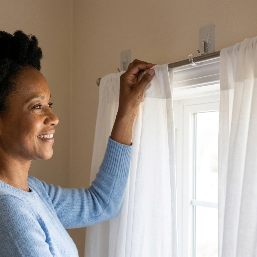 A close view of removable adhesive hooks holding a slim curtain rod above a window, with soft white curtains hanging straight