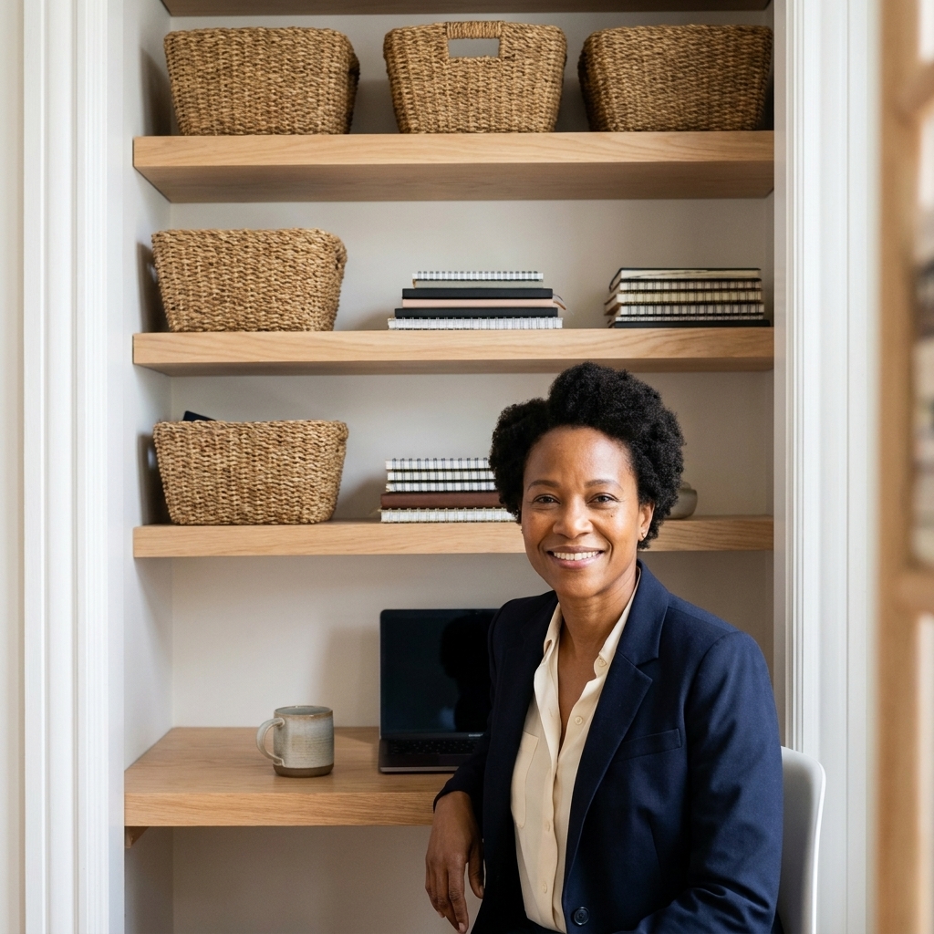 A closet office with floating shelves holding woven baskets and neatly stacked notebooks above a clean desk surface