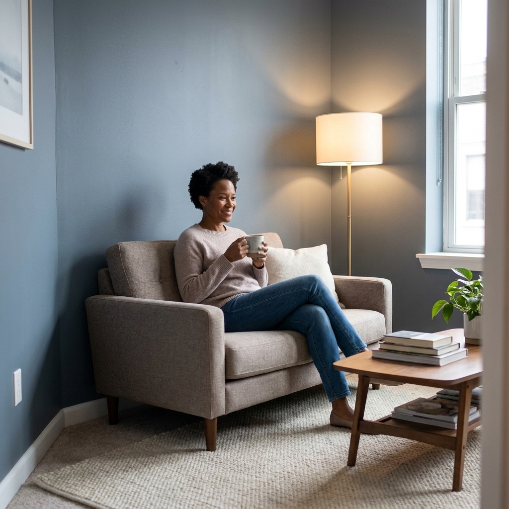 A compact apartment living area with slate blue-gray walls, a light rug, a floor lamp, and minimal decor creating a calm, airy mood