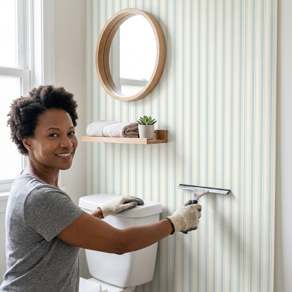 A compact bathroom wall behind a toilet covered in removable peel-and-stick wallpaper with a subtle vertical pattern, with a simple framed mirror and minimal decor