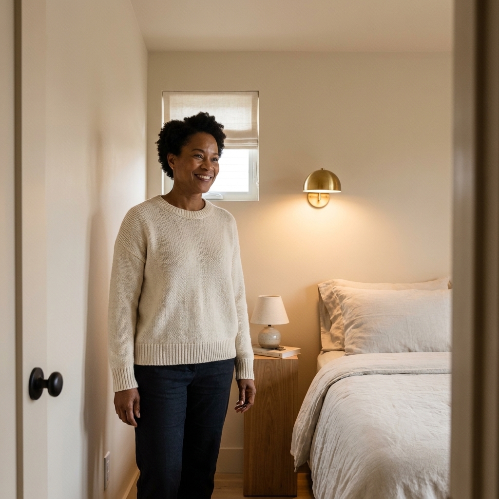 A compact bedroom with a bed placed to allow a clear walkway beside it, using a slim nightstand and wall-mounted sconce