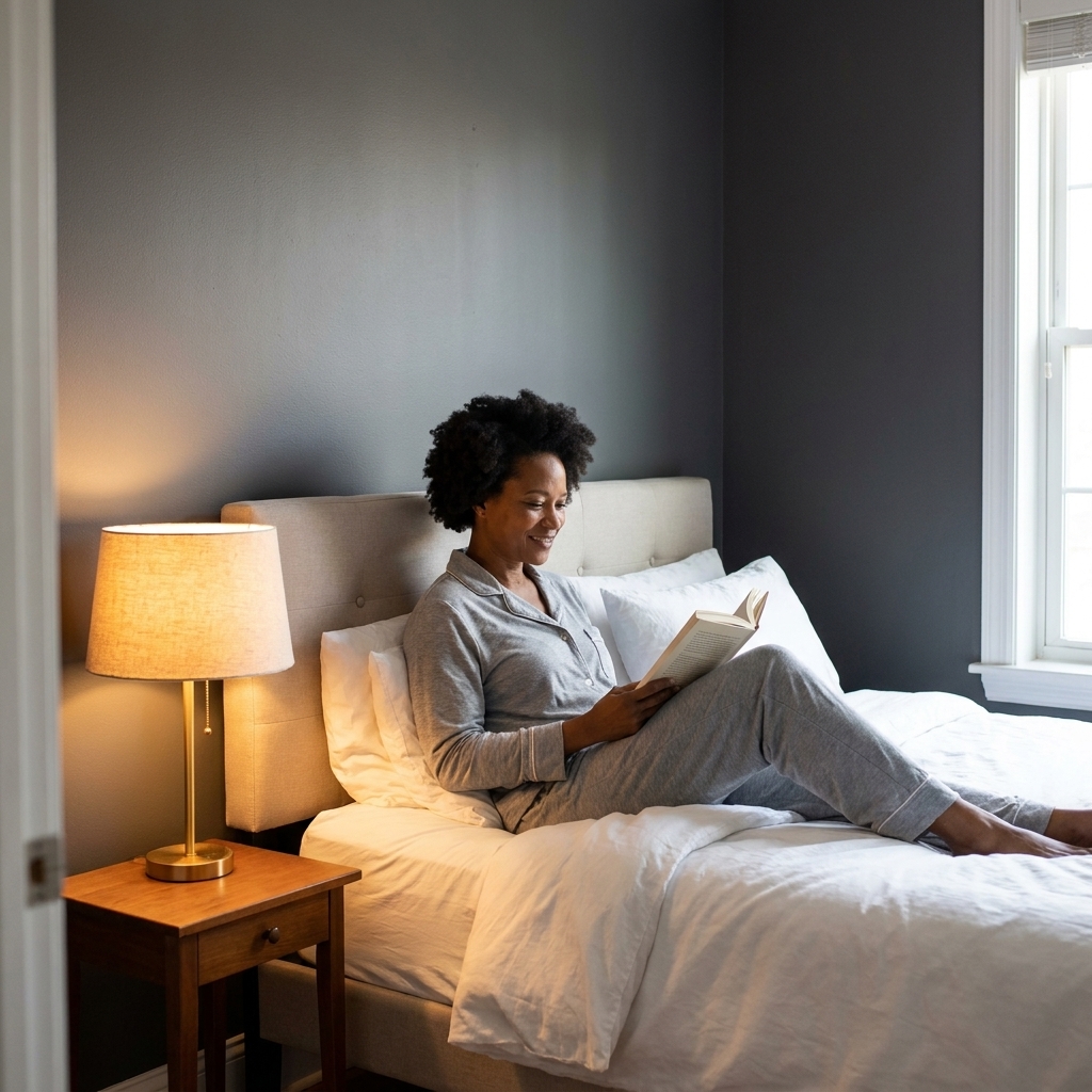A compact bedroom with charcoal gray painted walls, white bedding, a simple headboard, and a warm bedside lamp creating a cozy but open feel
