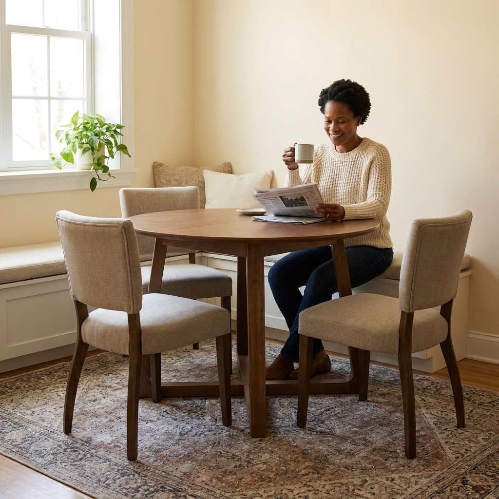A compact dining nook with a round table on a large low-pile rug that extends beyond the chairs so the chairs stay on the rug when pulled back.