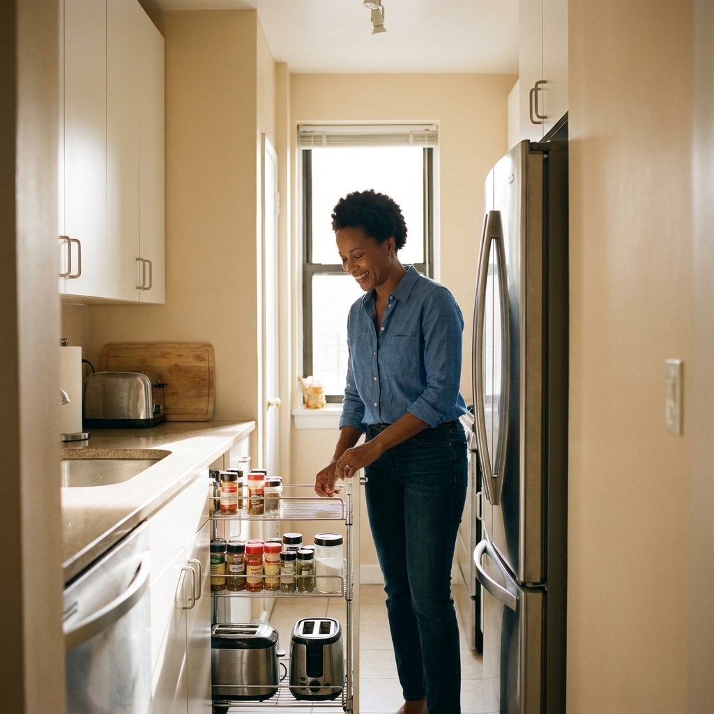 A compact galley kitchen with a slim rolling cart near the refrigerator and mostly clear countertops