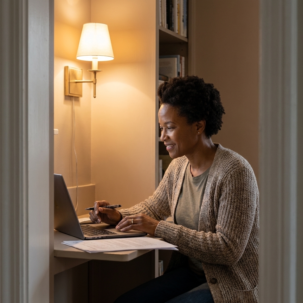 A compact home office nook lit by a plug-in wall sconce above the desk, casting warm light over a small workspace