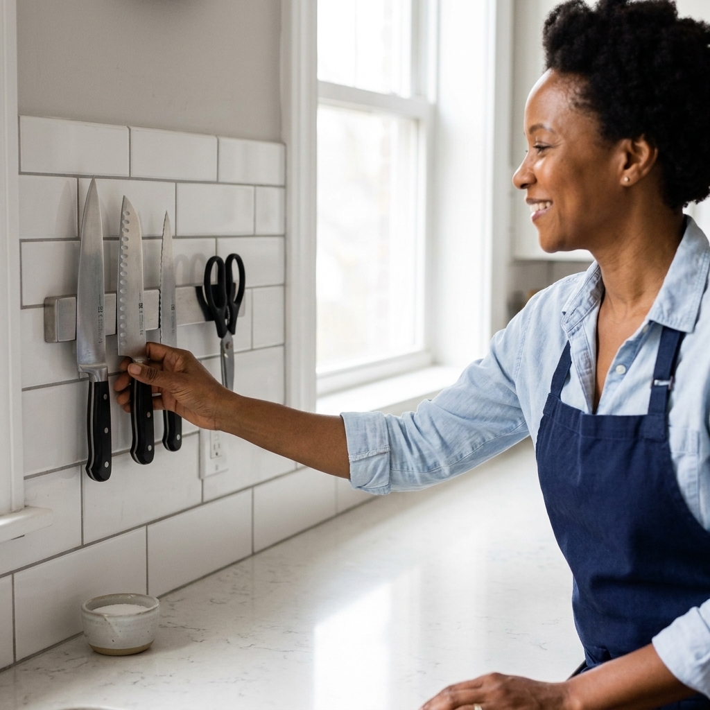 A compact kitchen backsplash with a magnetic knife strip holding three knives and kitchen shears above a clear countertop.
