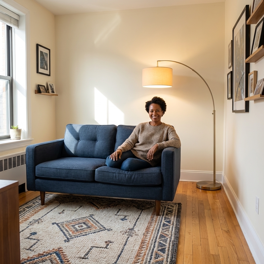 A compact living room with a floating loveseat on a rug, a floor lamp beside it, and a clear walkway along the wall