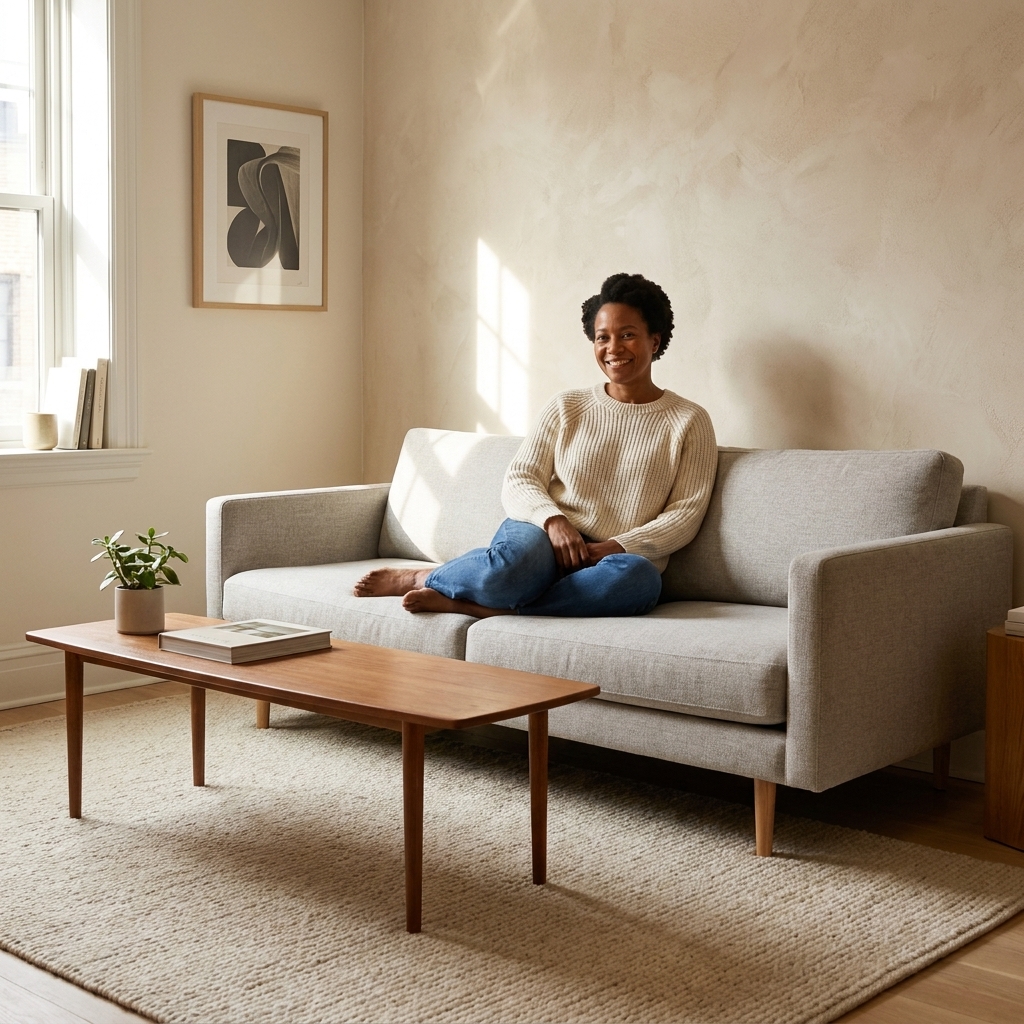 A compact living room with a streamlined sofa on tall legs, a light rug, and a narrow coffee table, creating an open feel