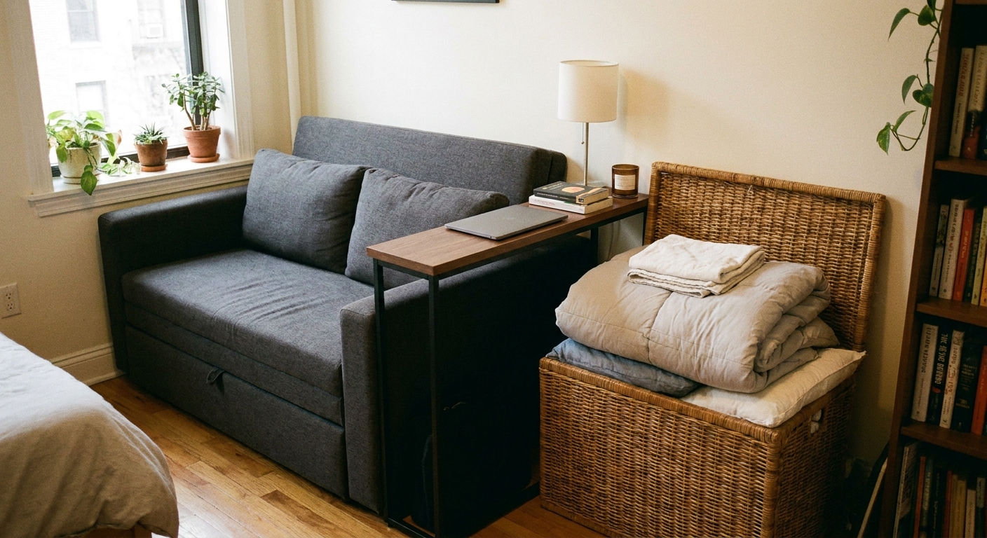 A compact room with a sleeper sofa along the wall and a slim console desk placed along the back of the sofa, with bedding folded nearby in a lidded basket