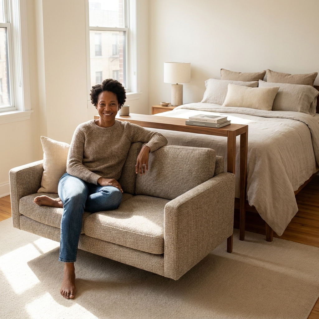 A compact sofa floating in the middle of a studio apartment with a narrow console table behind it, separating the living area from a neatly made bed