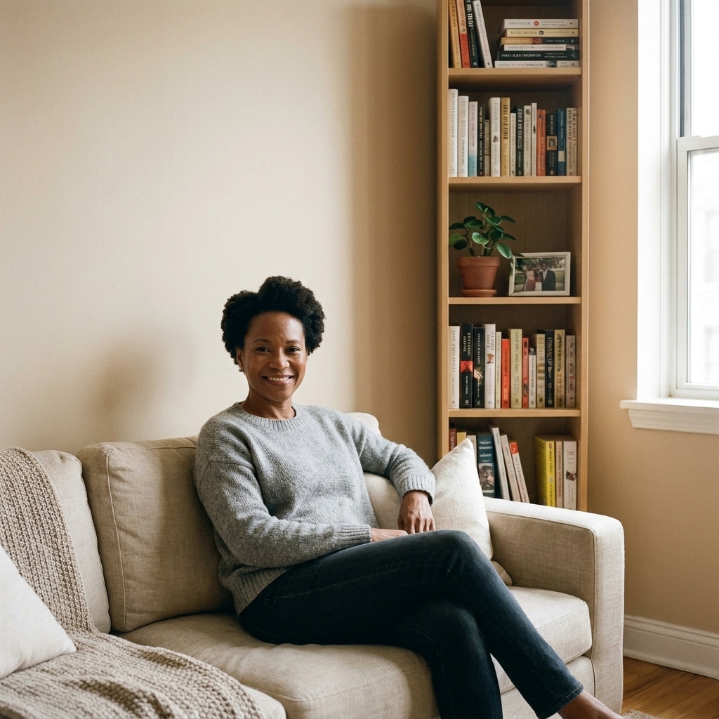 A compact studio corner with a low sofa and one tall, slim bookshelf placed against the wall