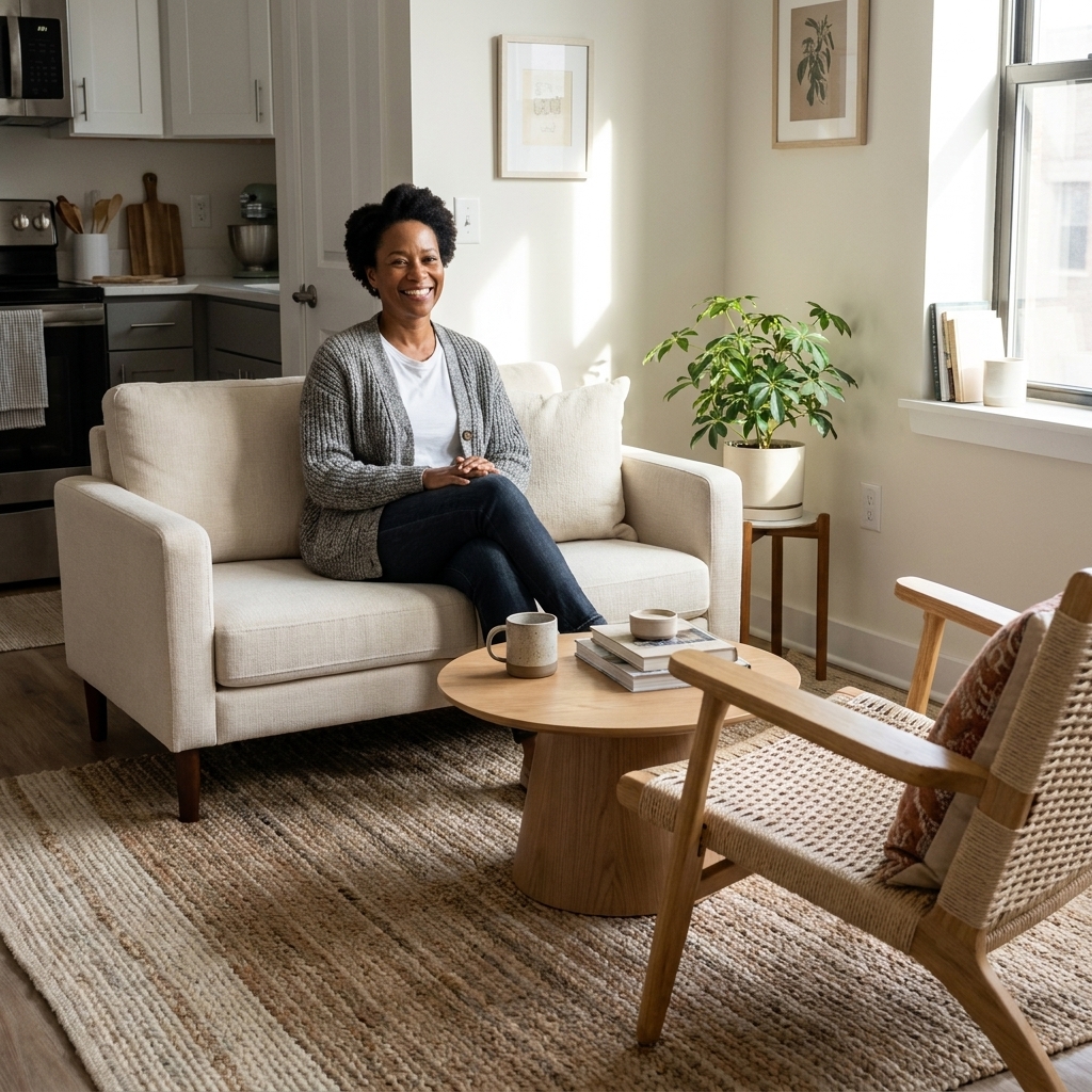 A compact studio living area where a sofa, coffee table, and accent chair are grouped on a textured neutral rug