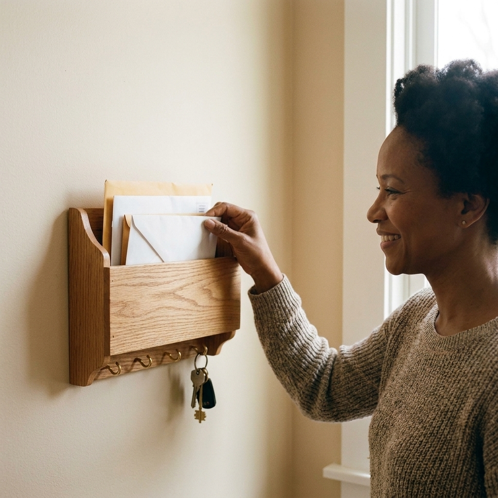A compact wall-mounted mail holder with a few envelopes and hooks underneath holding a set of keys