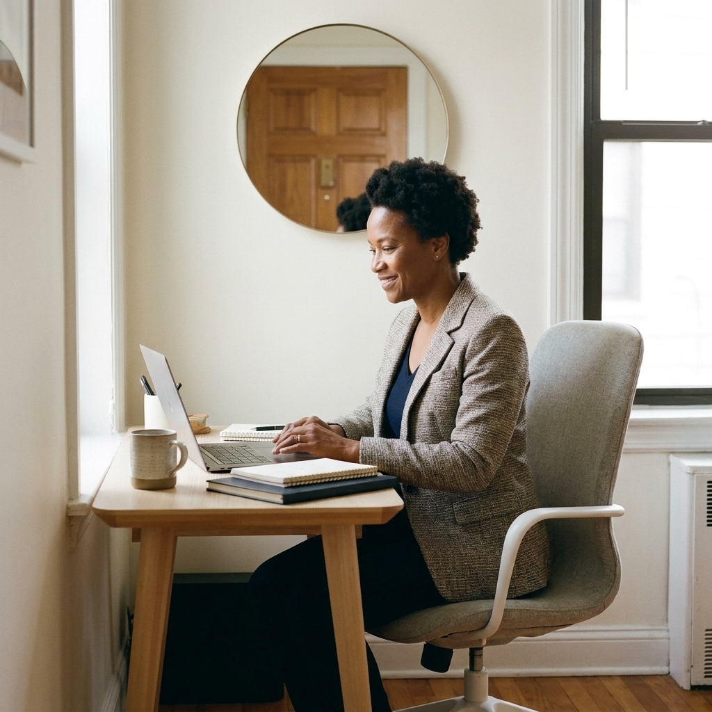 A compact work desk in a small apartment with a small mirror positioned to reflect the entry door, a tidy surface, and a supportive chair.