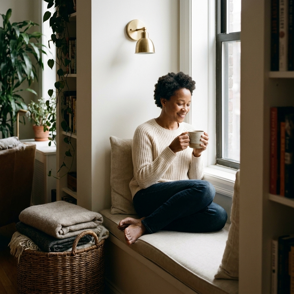A cozy apartment nook with a bench cushion, a small wall sconce, and a basket of blankets beside a window