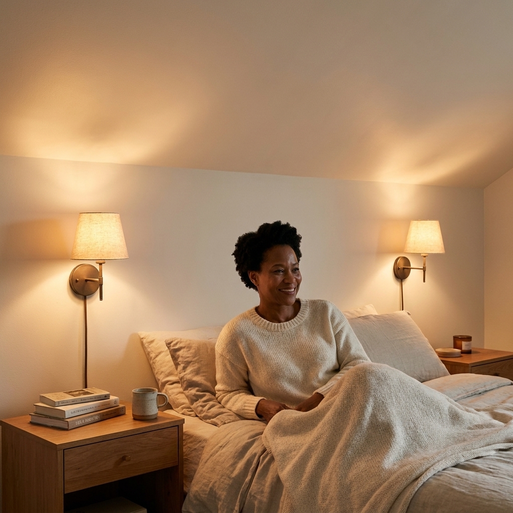 A cozy bedroom with plug-in wall sconces mounted above nightstands, casting light upward to make a low ceiling feel taller