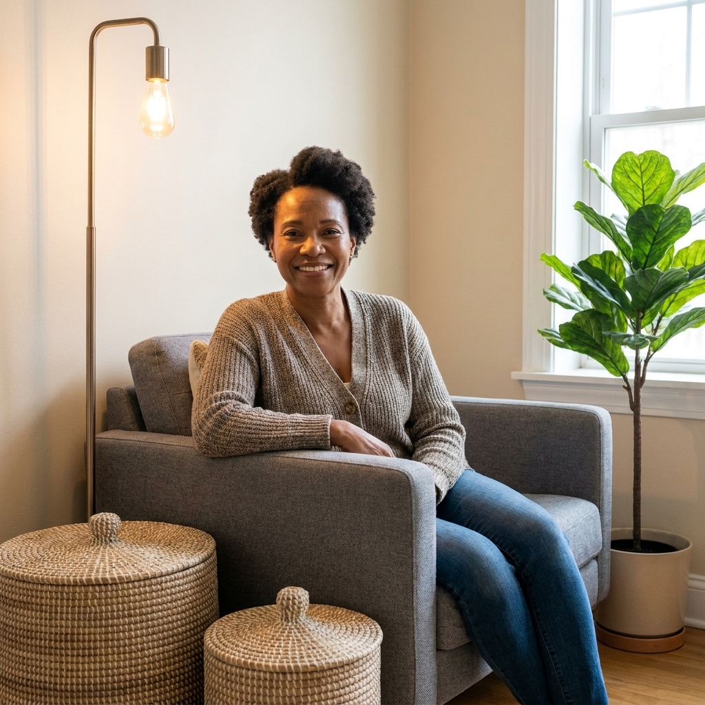 A cozy small living room corner with two woven lidded baskets beside a compact sofa, a floor lamp, and a plant near a window