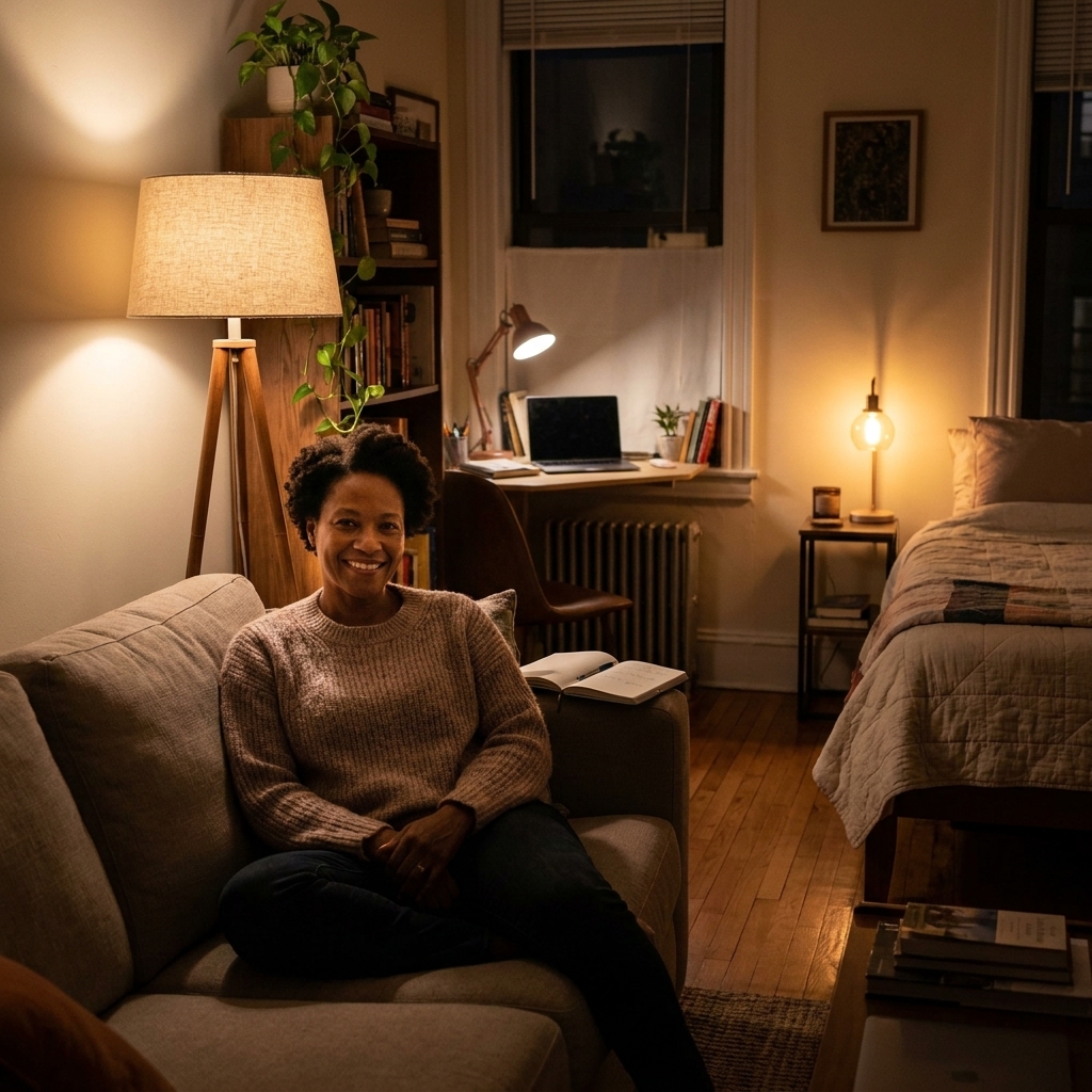 A cozy studio apartment at night with a floor lamp in the living area, a bedside lamp near the bed, and a small desk lamp in a work nook
