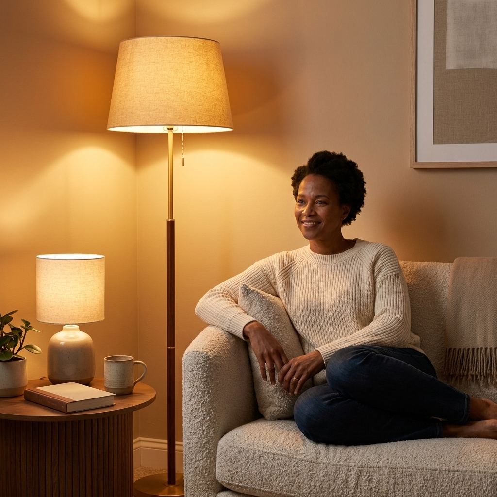 A cozy studio corner with a floor lamp beside a sofa and a small table lamp on a side table, creating warm pools of light