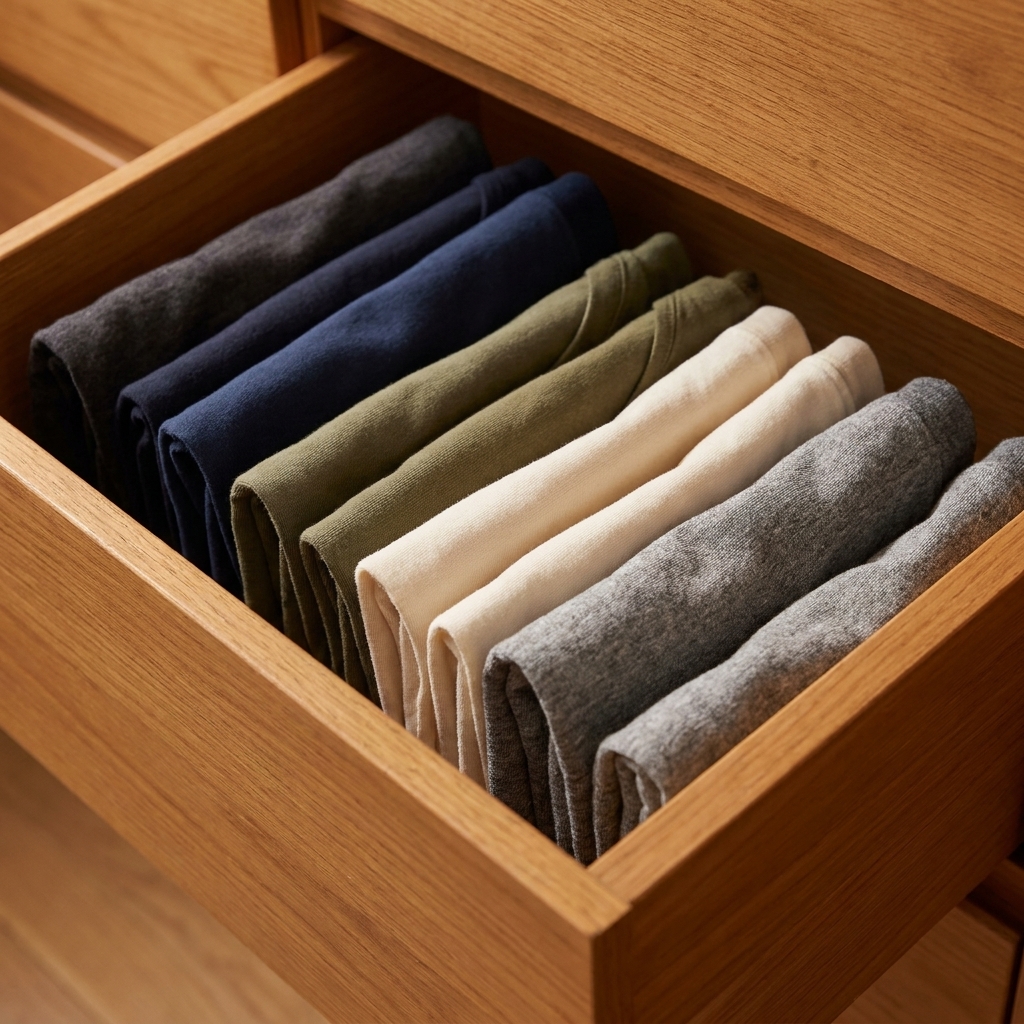 A drawer with t shirts folded upright in neat rows so each shirt edge is visible