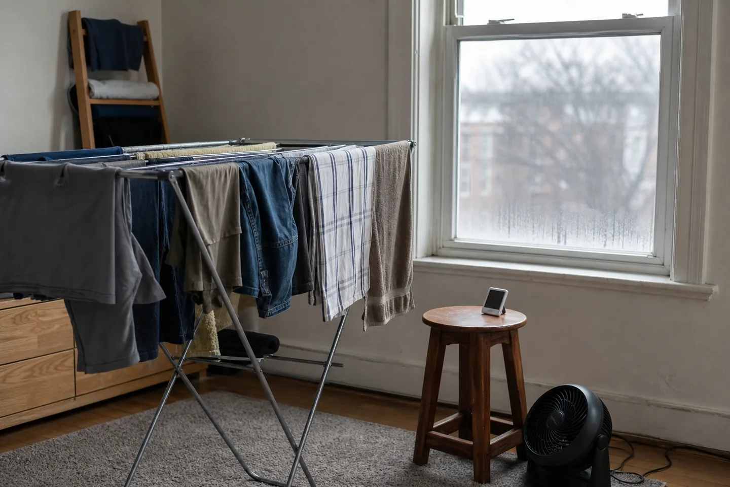 A foldable clothes drying rack positioned a few feet from a bright studio window, with a shallow waterproof tray underneath to catch drips