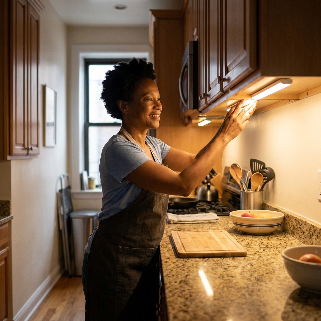 A galley kitchen counter with stick-on under-cabinet LED light bars casting an even glow across the work surface