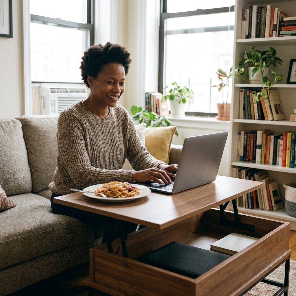 A lift-top coffee table in a small apartment living room, the tabletop raised with a laptop and dinner plate on top