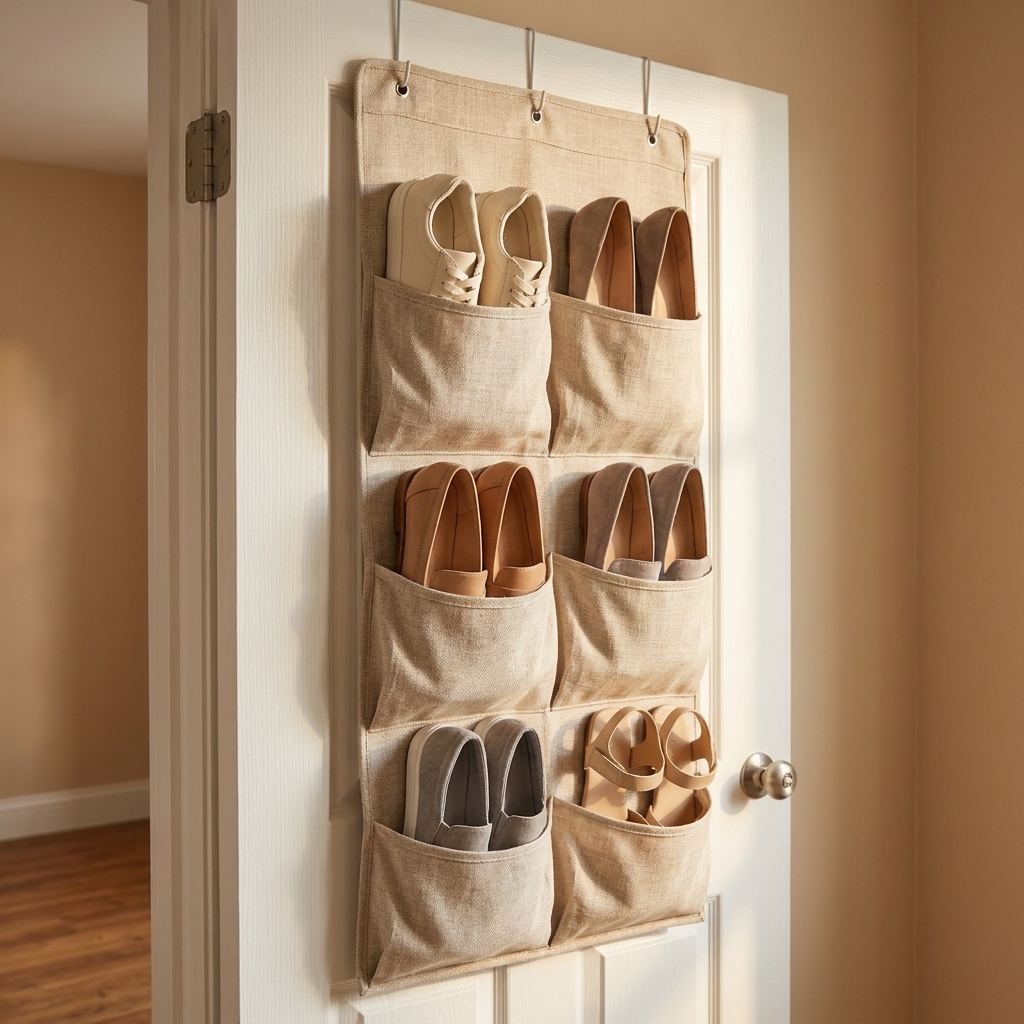 A-linen-look over-the-door shoe organizer on a bedroom door, holding neatly arranged shoes in soft neutral tones