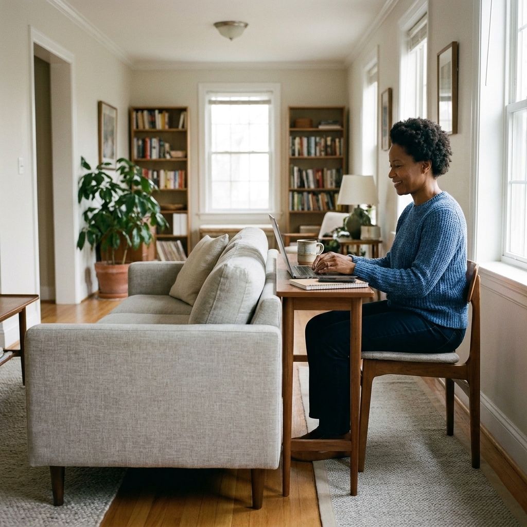 A long living room with a sofa floated forward and a slim desk placed behind it, creating a small work zone while keeping a clear walkway along the side