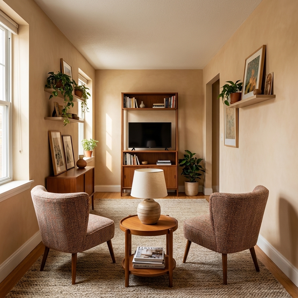A long narrow living room arranged with two small accent chairs facing each other over a round side table, with a slim media unit at one end
