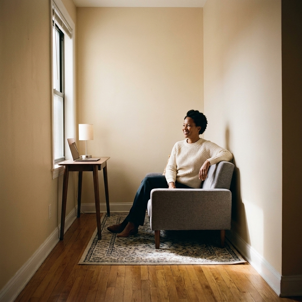 A long narrow living room with a compact sofa and rug at one end and a slim desk setup along the wall near a window