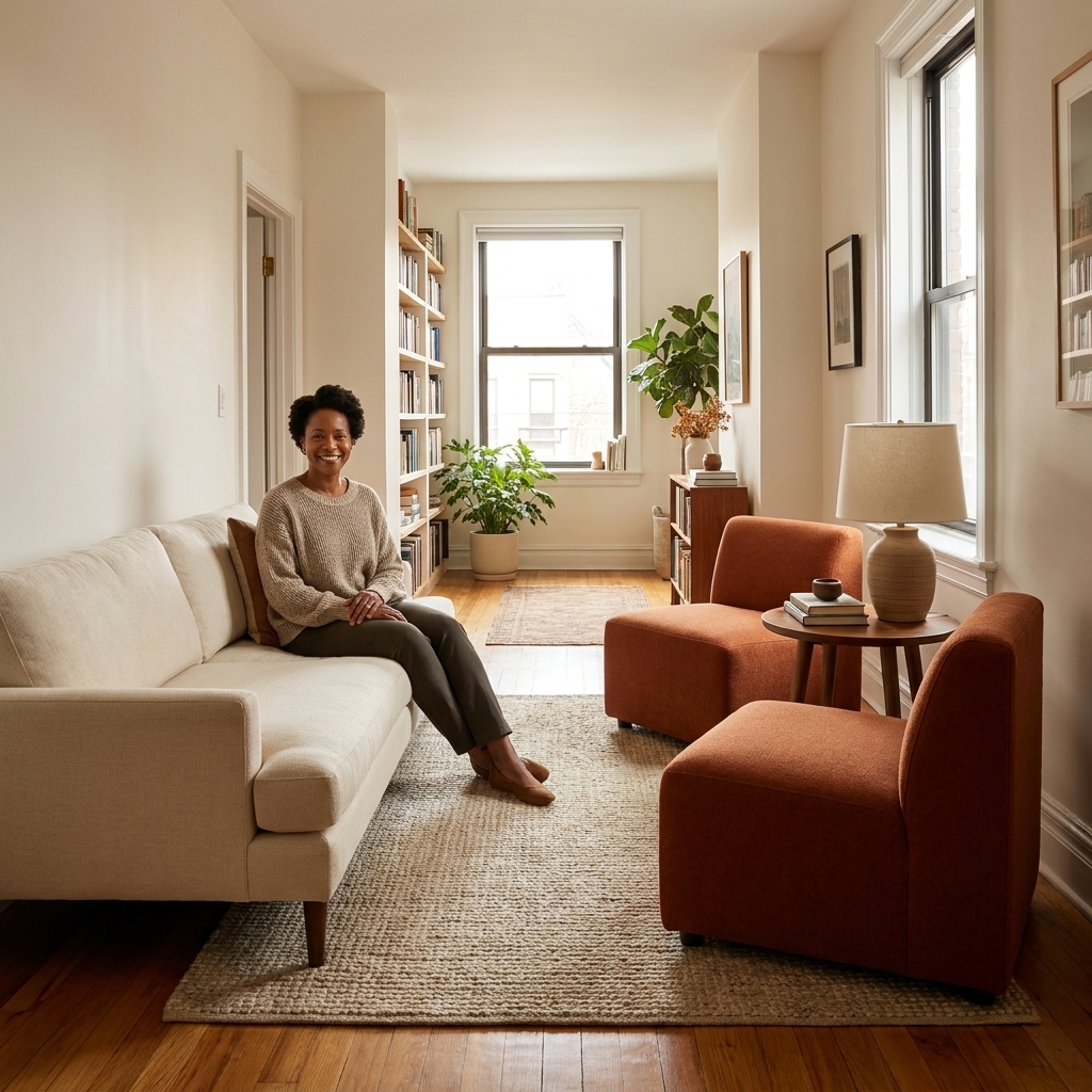 A long, narrow living room with a sofa facing two compact armless chairs and a small round side table between them, creating a balanced conversation area