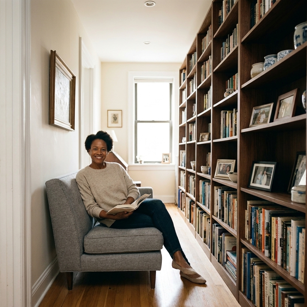 A long narrow living room with tall bookcases along one wall and a compact sofa floating opposite, creating a built-in storage look