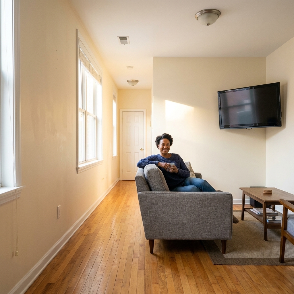 A long narrow living room with the TV mounted in a corner and the sofa slightly angled toward it, keeping the main walkway clear