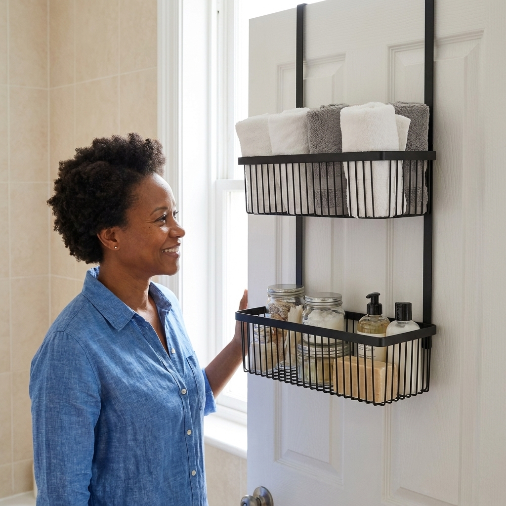 A matte black over-the-door wire basket organizer on a bathroom door, holding rolled hand towels and toiletries in a tidy setup
