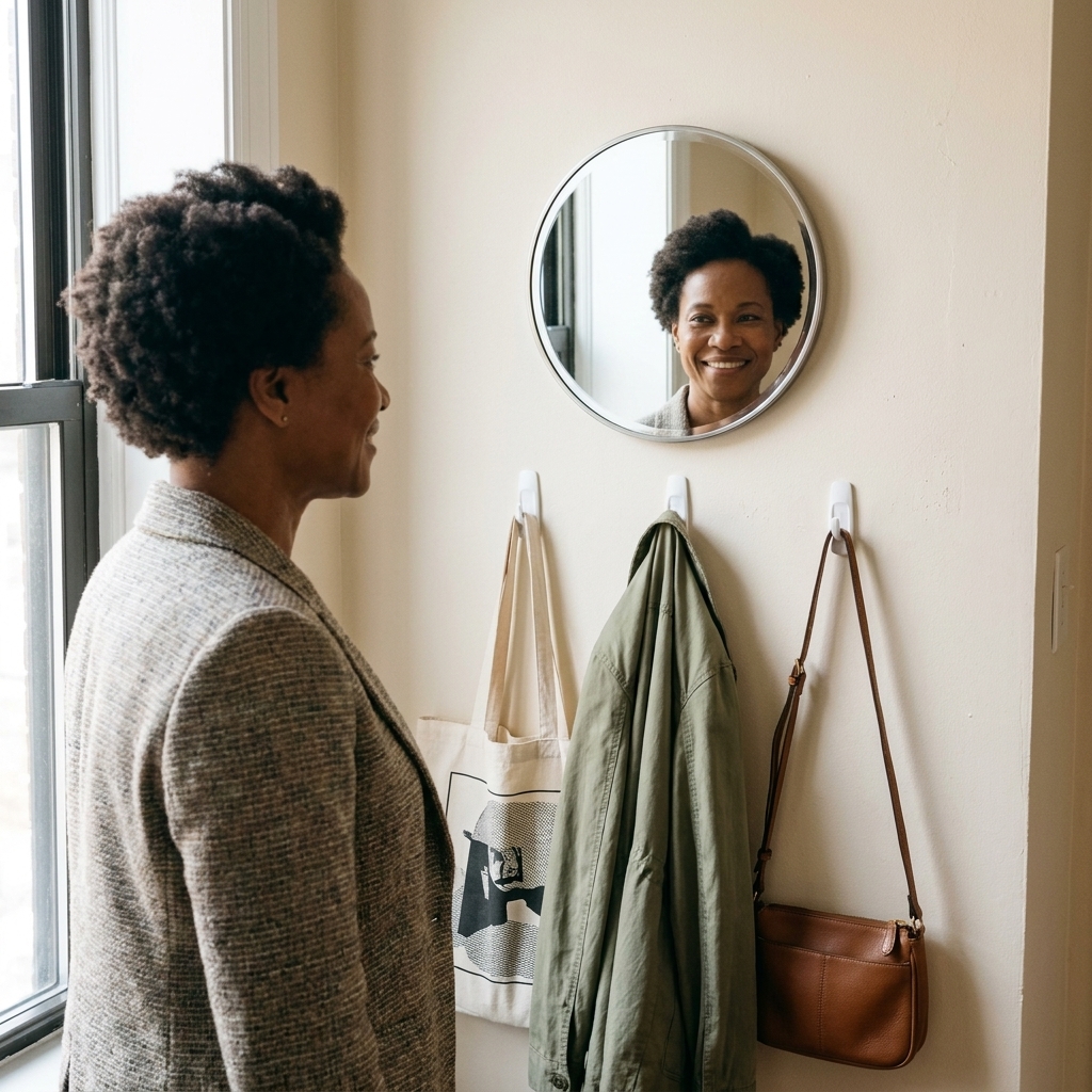 A micro apartment entry wall with three adhesive hooks holding a tote bag, a lightweight jacket, and a small crossbody bag, with a small mirror above