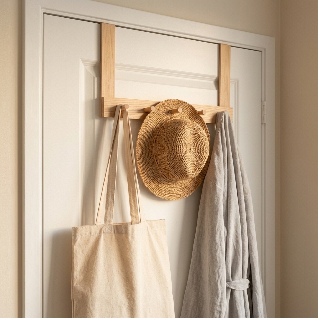 A minimalist over-the-door peg rail with several hooks holding a tote bag, a hat, and a robe on a white interior door